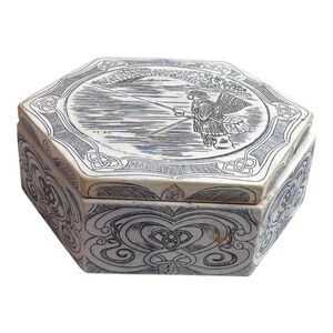 Vtg COMOYS OF LONDON Scrimshaw Hexagon Celtic Trinket Box Fly Fishing Signed HH
